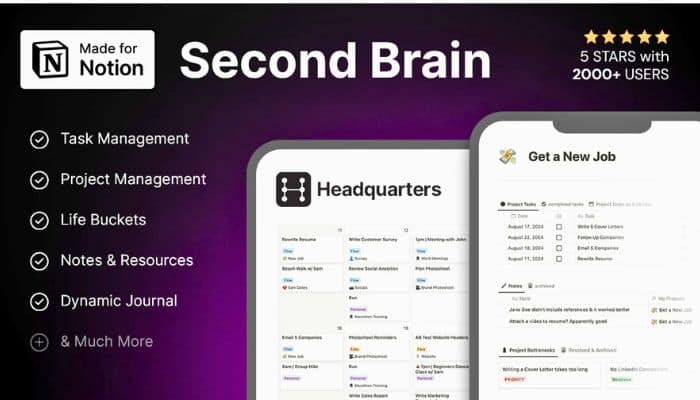 Best Notion Productivity Templates 3 screenshot of the headquarters second brain template