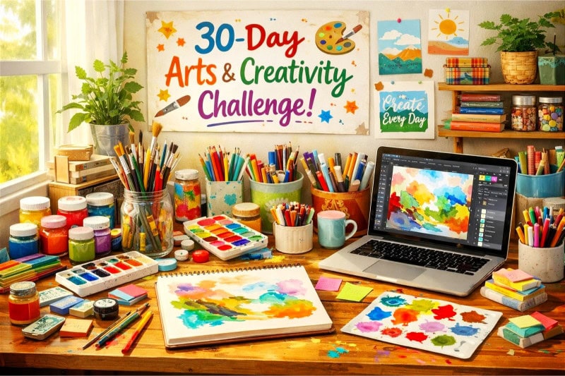 30 Day Challenge Ideas: Easy Ways to Transform Your Life 10 A well-lit creative workspace with art supplies, a laptop, and plants on a wooden desk near a window.