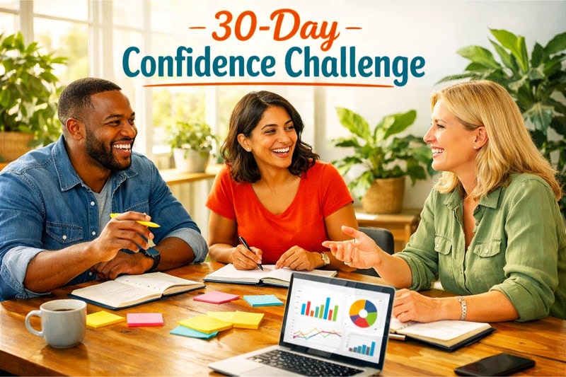 30 Day Challenge Ideas: Easy Ways to Transform Your Life 7 Three adults brainstorming ideas together at a table in a bright room with notebooks and a laptop.