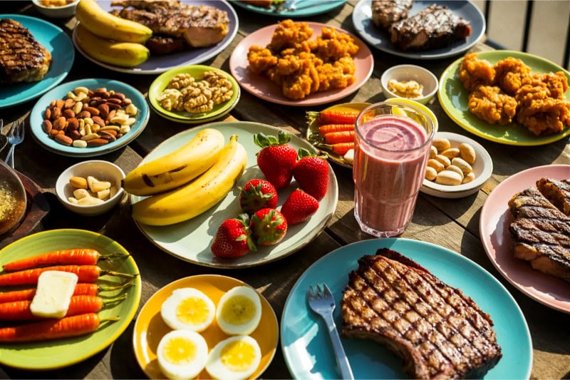 30 Day Challenge Ideas: Easy Ways to Transform Your Life 4 A vibrant overhead photograph of a rustic wooden table adorned with an array of colorful ceramic plates showcasing a diverse healthy food spread. The plates feature grilled carrots with a slab of butter, golden-yellow bananas, ruby red strawberries, mixed nuts including almonds and walnuts, farm-fresh boiled eggs, crispy golden fried chicken pieces, a tall glass with a berry smoothie and perfectly grilled steak.