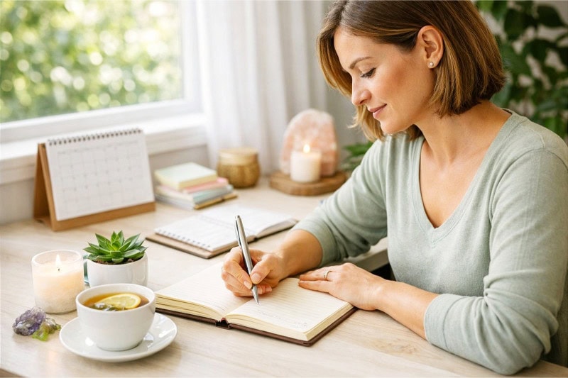 30 Day Challenge Ideas: Easy Ways to Transform Your Life 6 A woman writing in a notebook at a desk with a cup of tea and a plant, in a bright room with natural light.