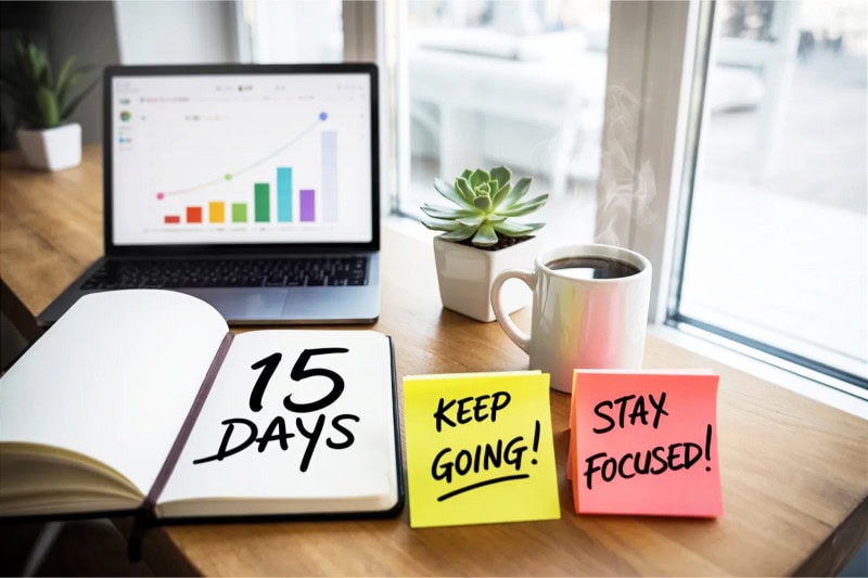 30 Day Challenge Ideas: Easy Ways to Transform Your Life 8 A notebook on a desk with a laptop, sticky notes, coffee, and a plant in a bright workspace.