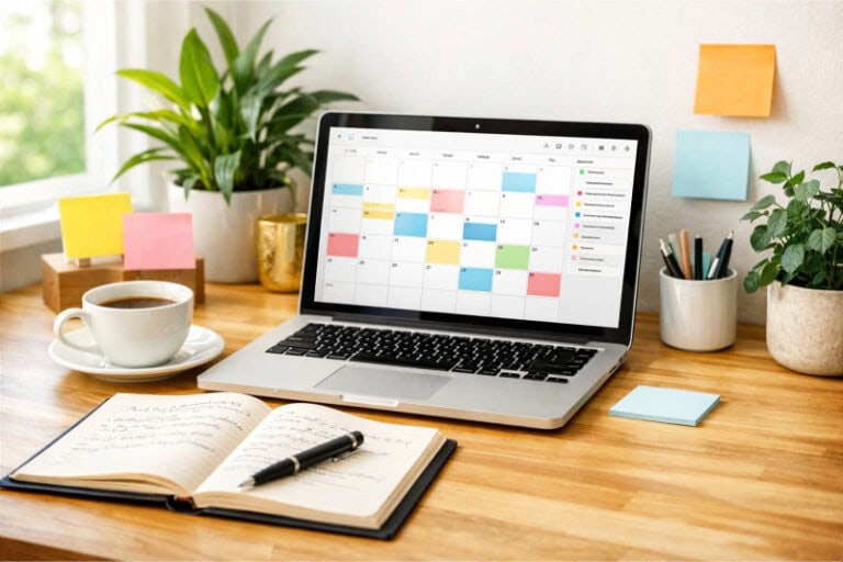 A tidy desk with a laptop, notebook, pen, coffee cup, and plants in natural light, set up for personal growth and planning.
