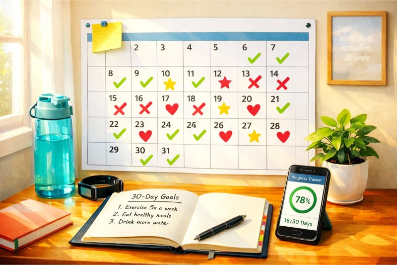 30 Day Challenge Ideas: Easy Ways to Transform Your Life 3 A desk with a 30-day calendar marked with progress, surrounded by fitness and motivation items in a bright room.